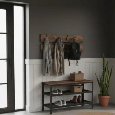 Индустриален шкаф за обувки със закачалка и пейка