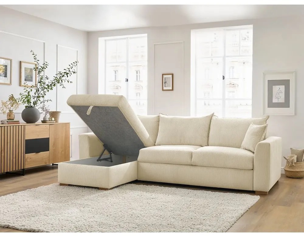 Кремав разтегателен ъглов диван от рипсено кадифе (променлив) Augustin – Bobochic Paris