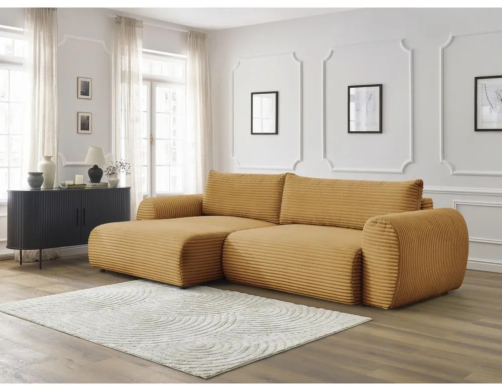 Разтегателен ъглов диван от рипсено кадифе в цвят горчица (ляв ъгъл) Lucien – Bobochic Paris