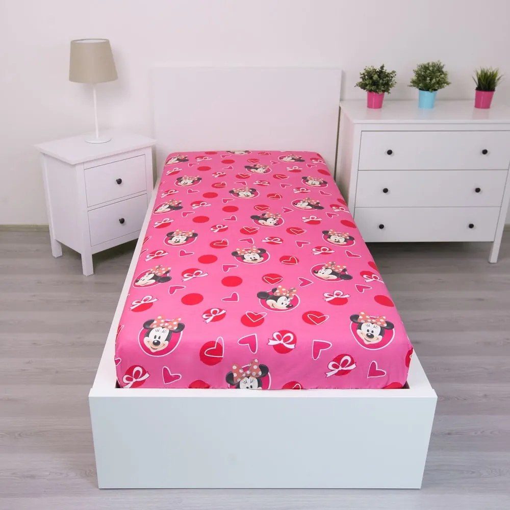 Розов еластичен памучен детски чаршаф 90x200 cm Minnie "Hearts" – Jerry Fabrics
