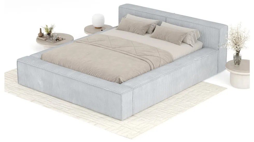 Светлосиво двойно легло 180x200 cm тапицирано с място за съхранение с включена подматрачна рамка Voliera – Maison de Rêve