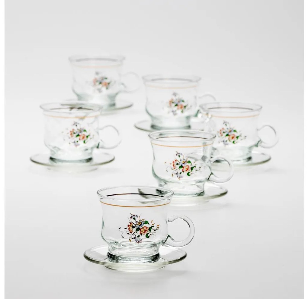 К-кт 6x стъклена чаша с чинийка прозрачен букет № 2