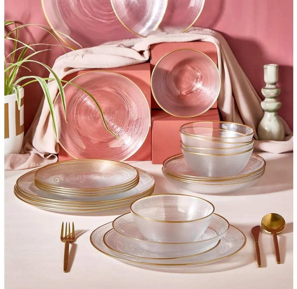 Комплект за хранене, 24 части — прозрачен със златисти детайли, стъкло