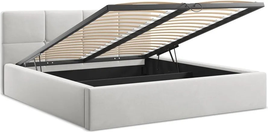 Светлосиво кадифено двойно легло 140x200 cm тапицирано с място за съхранение и включена подматрачна рамка Hiko – Makamii