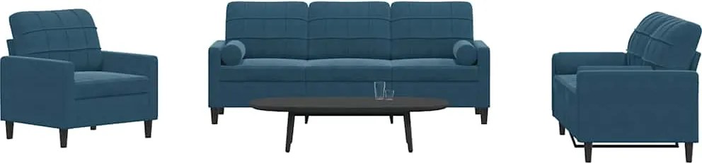 3278380 vidaXL Мека мебел от 3 части с възглавници и болстери син, кадифе