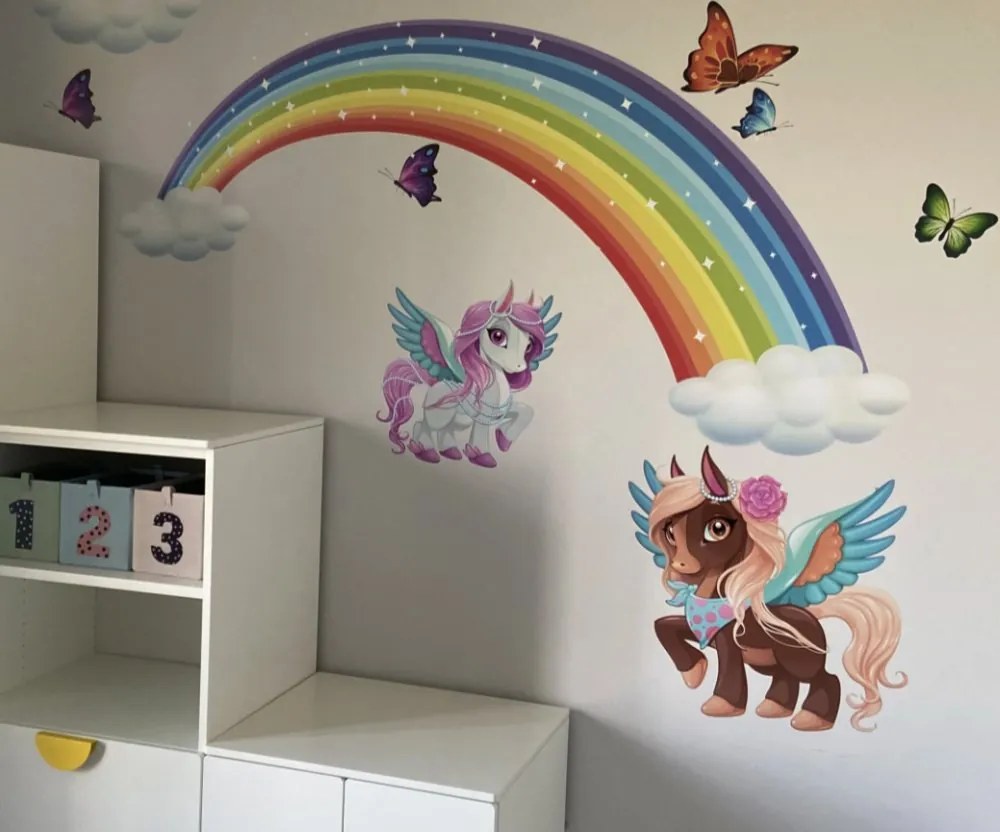 Приказен стикер за стена с дъга - еднорог, небе и пеперуди Šírka: 50 cm | Dĺžka: 100 cm