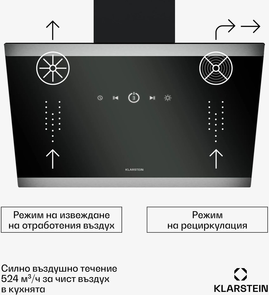 Klarstein Аспиратор FlashLine, A++, 524 m³/h, 3 нива, докосване, безшумен, LED, извличане / рециркулация, 100 W