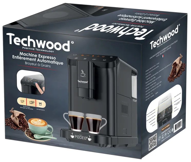 Еспресо машина Techwood TCA-1315AEX, 1350W, 15 bar, 1.5 л, 4 функции, Touch бутони, Вградена кафемелачка с 15 степени, Черен