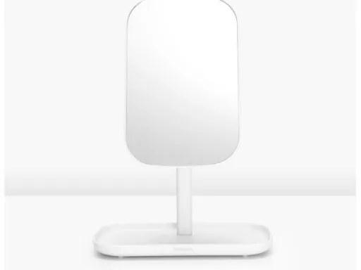 Огледало с поставка за принадлежности Brabantia ReNew 1004185, 28.3х20х12.6 см, Неплъзгаща се основа, 360° регулиране, Бял