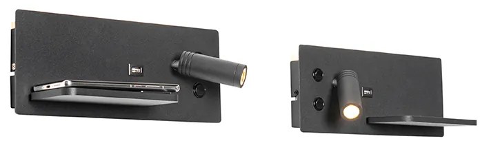 Комплект от 2 стенни лампи черни с LED с USB и индукционно зарядно - Riza
