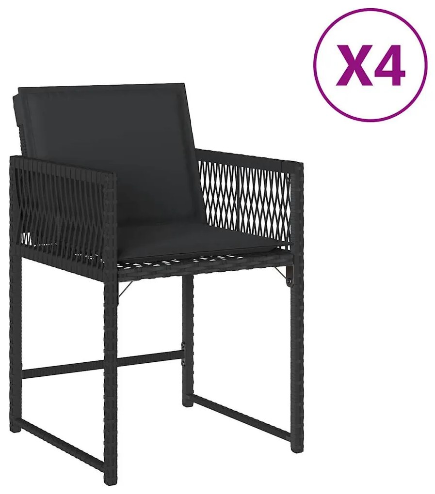365018 vidaXL Градински столове с възглавници, 4 бр, черен, полиратан