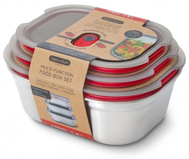 Комплект 3 бр кутии за храна Black+Blum Meal Prep FBSS-BX-PACK1, 0.6/0.9/1.2 l, Правоъгълни, Подходящи за фурна, Без BPA, Неръждаема стомана, Сив
