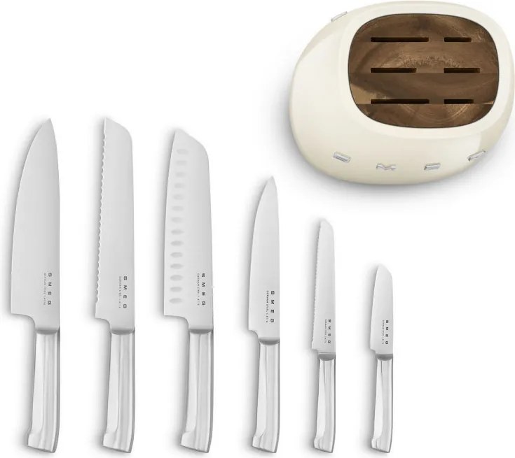 Комплект ножове със стойка SMEG KBSF02CR, 7 части, Слотове от акациево дърво, Немска неръждаема стомана, Крема