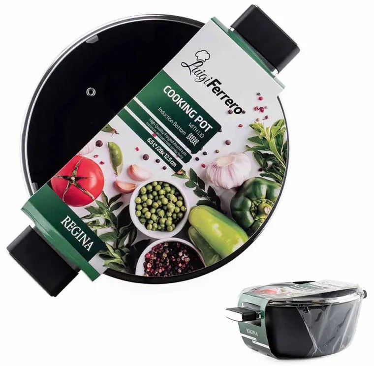 Тенджера Luigi Ferrero Regina FR-2840, 28x12.5 см, 6.5 л, Незалепващо мраморно покритие, Стъклен капак с отвор за пара, Индукция, Черен