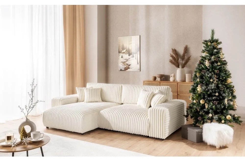 Кремав разтегателен ъглов диван от рипсено кадифе с място за съхранение (ляв ъгъл) Sarina – Ropez