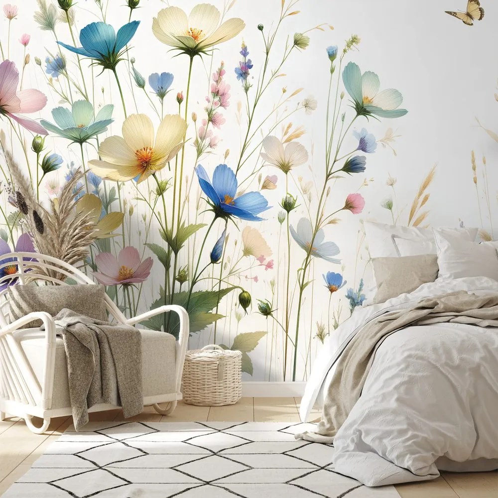 Самозалепващ тапет – Пастелни цветя и летящи пеперуди