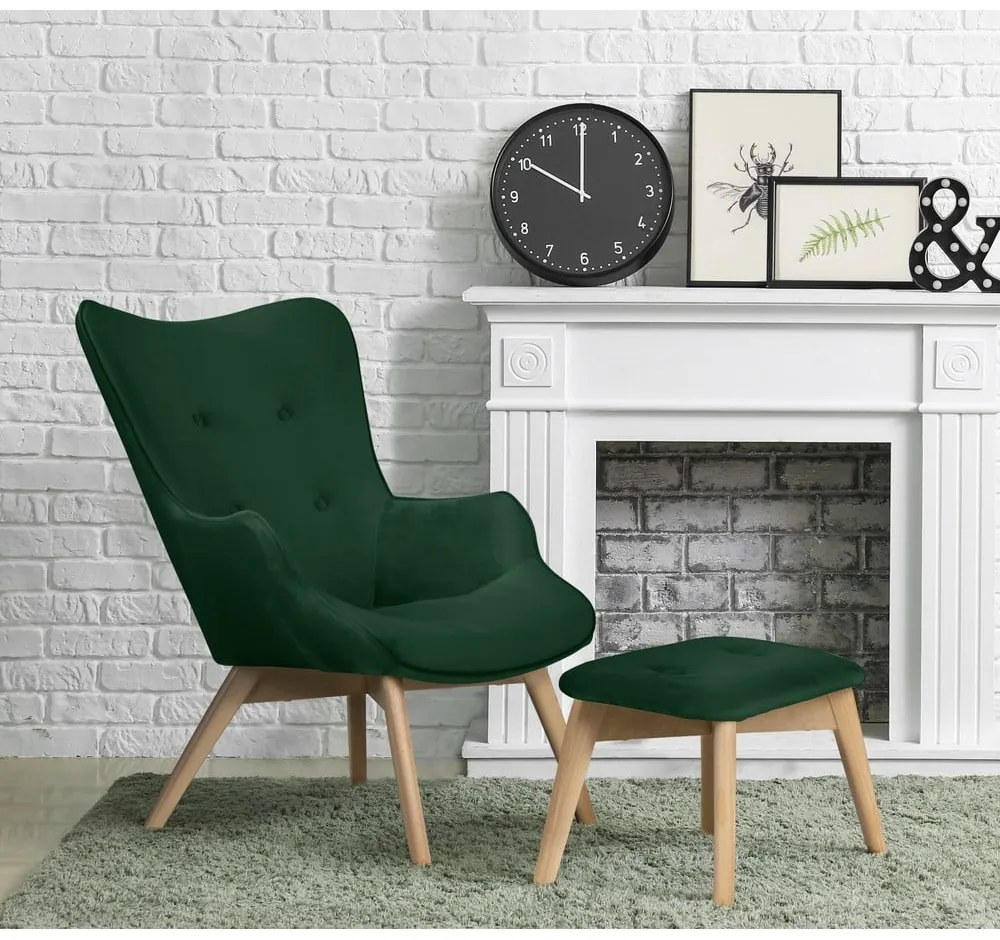 Тъмнозелен кадифен фотьойл с табуретка Niko – Ropez