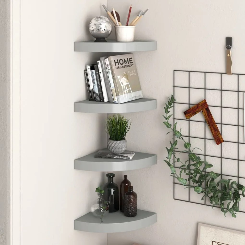 323903 vidaXL 323903  Floating Corner Shelves 4 pcs Grey 25x25x3,8 cm MDF