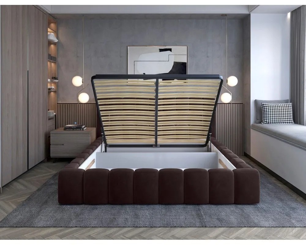 Тъмнокафяво тапицирано двойно легло с място за съхранение и включена подматрачна рамка 180x200 cm Lamica – ELTAP