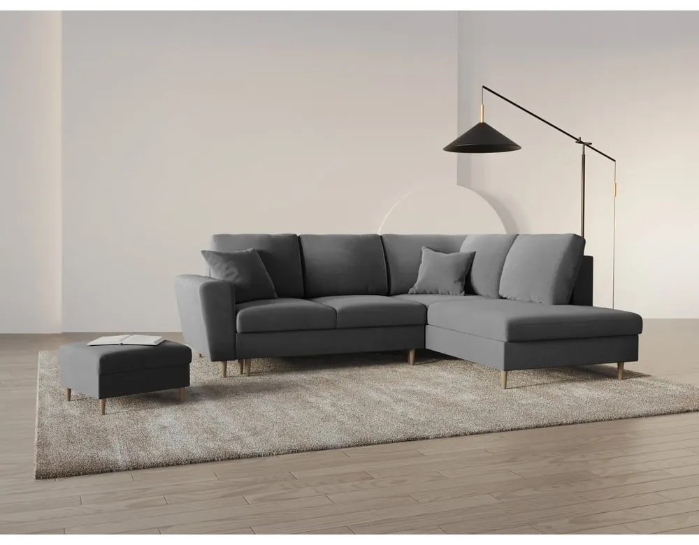 Светлосив кадифен разтегателен ъглов диван с място за съхранение (десен ъгъл/L форма) Kyoto – Cosmopolitan Design
