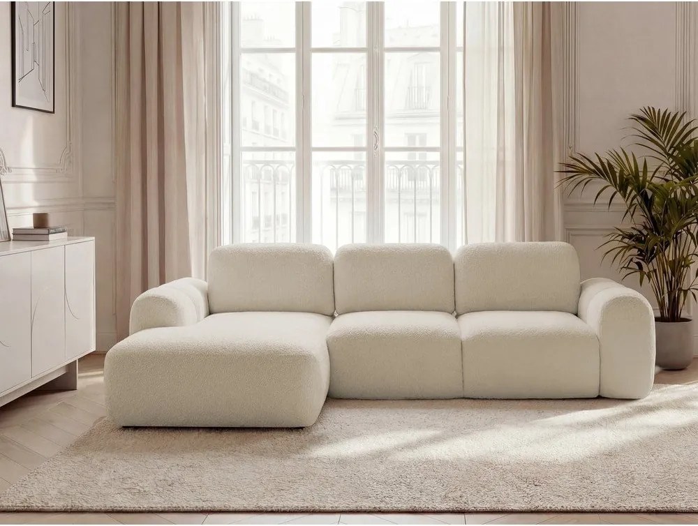 Бежов сгъваем/с място за съхранение ъглов диван от прежда с примки от букле (ляв ъгъл) Montaigne – Bobochic Paris