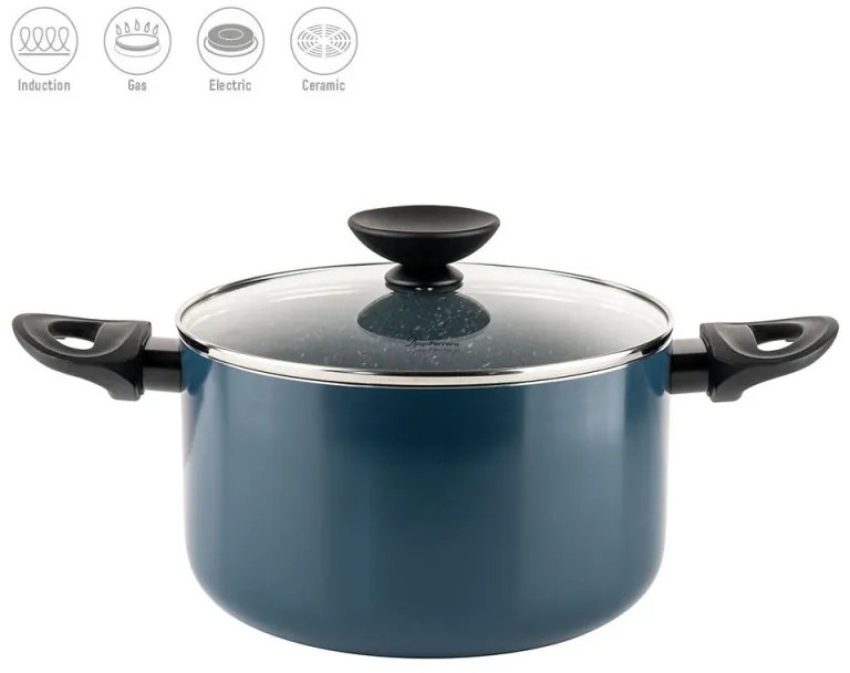 Дълбока тенджера Luigi Ferrero Prima FR-2245D, 22x13 см, 4.5 л, Незалепващо покритие с мраморен ефект, Индукция, Стъклен капак с отвор, Тъмносин