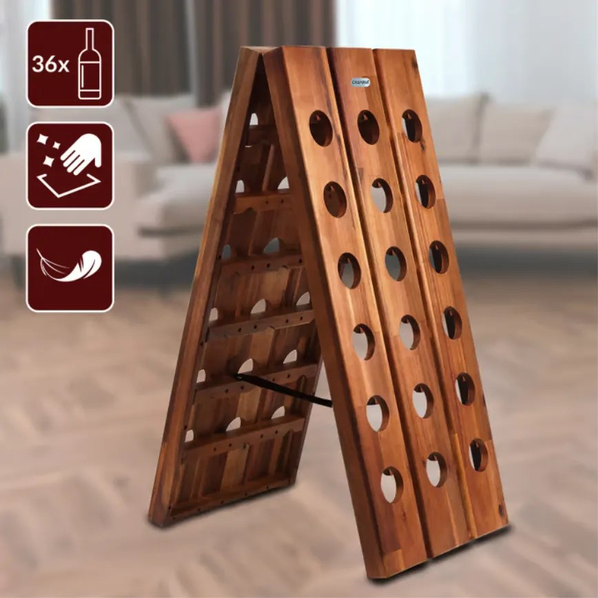 Сгъваема дървена стойка за вино от акациева дървесина за 36 бутилки