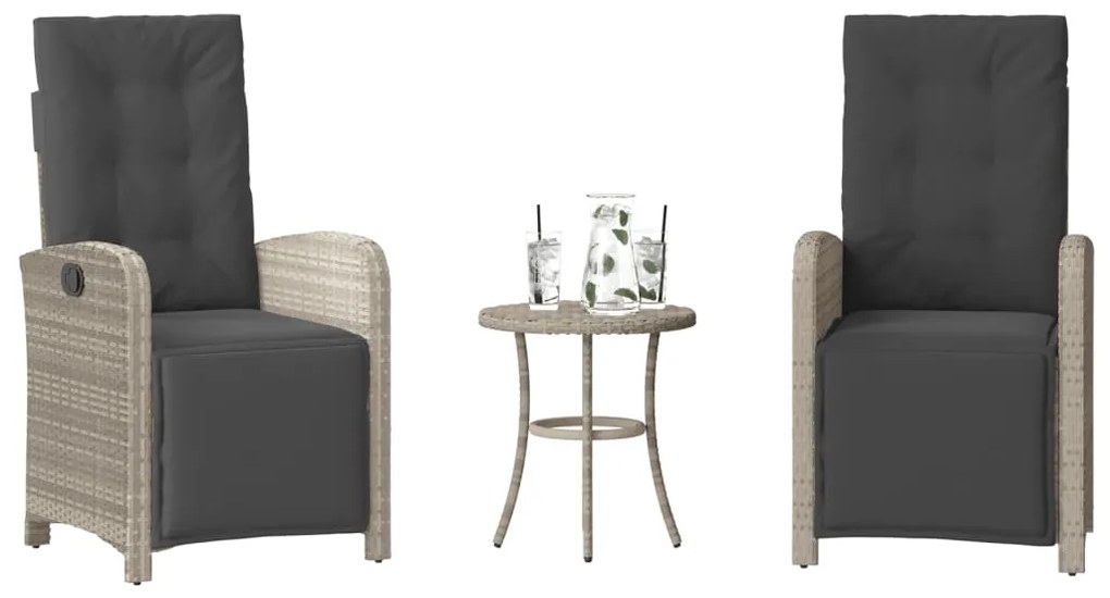 365206 vidaXL Бистро комплект с възглавници 3 части светлосив полиратан