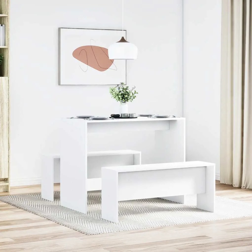 855530 vidaXL Комплект трапезна маса и пейки, 3 части, бял, инженерно дърво