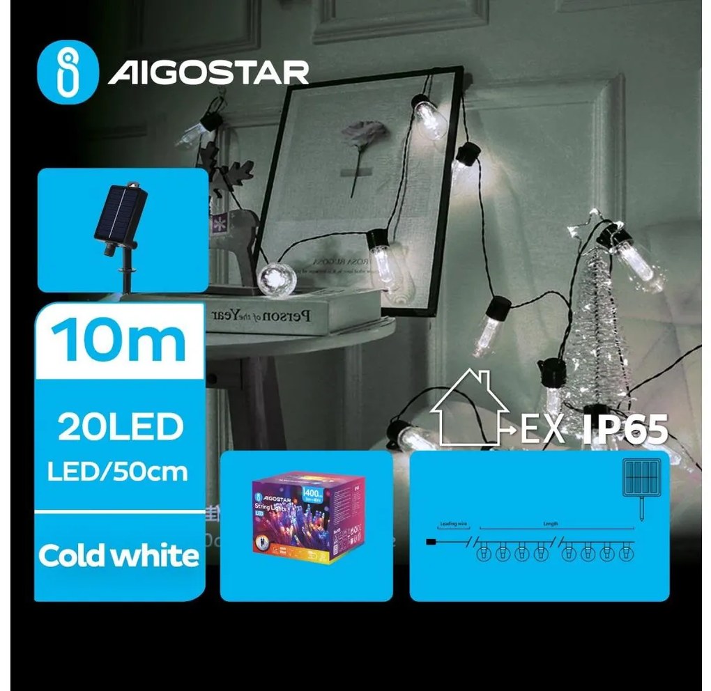 Aigostar LED соларен коледен гирлянд 20 LED, 8 функции, 11,5м, IP65, студена бял