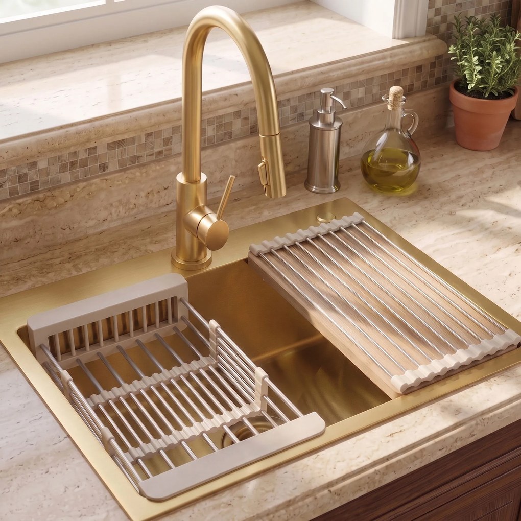 Стоманена мивка с комплект аксесоари 3 бр. REA Liam Brush Gold