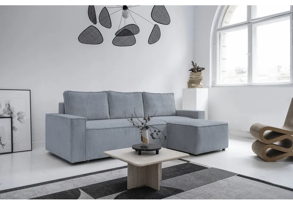 Светлосив разтегателен ъглов диван от рипсено кадифе (променлив) Brave Dave – Miuform