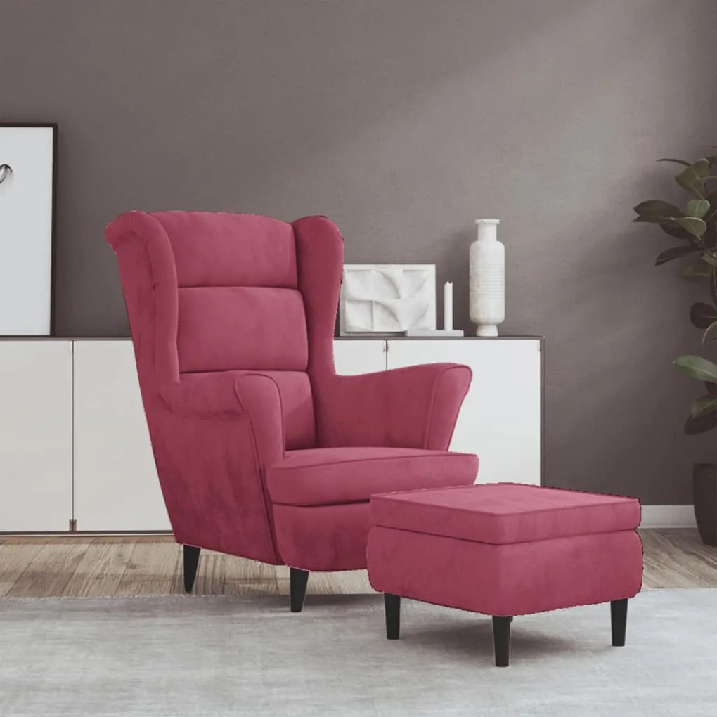 3115936 vidaXL Фотьойл Wingback с табуретка, виненочервен, кадифе