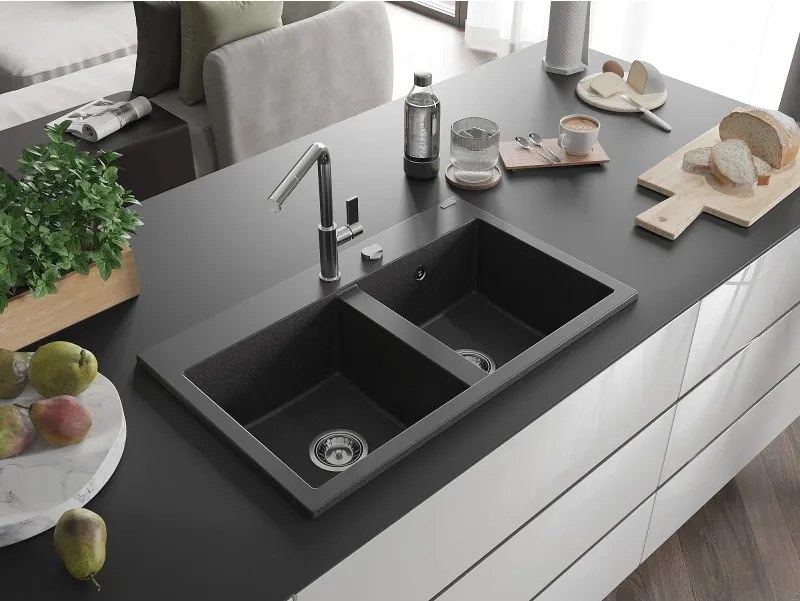Mexen Hektor гранитна мивка с 2 камери 800 x 480 mm, черна на пръски, хромиран сифон - 6521802000-76