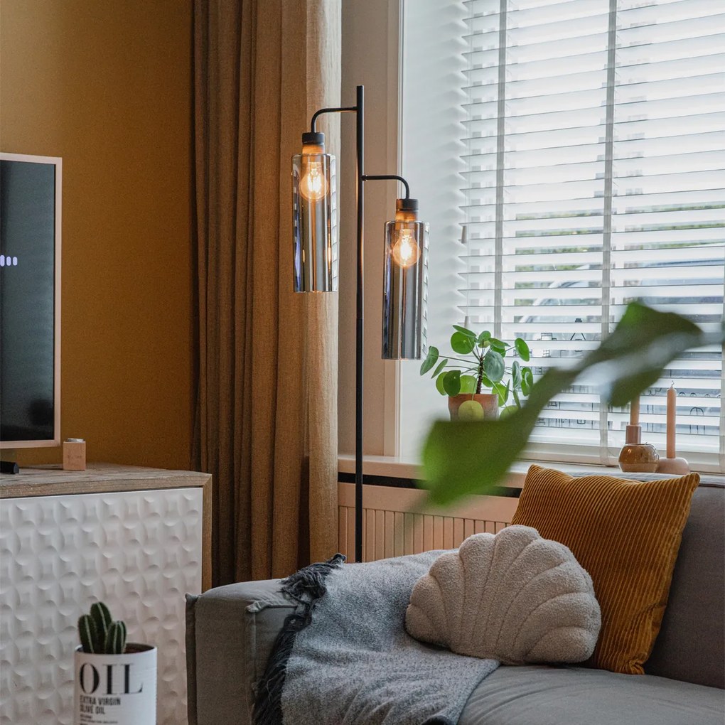 Модерна подова лампа черна с опушено стъкло 2-светлина - Stavelot