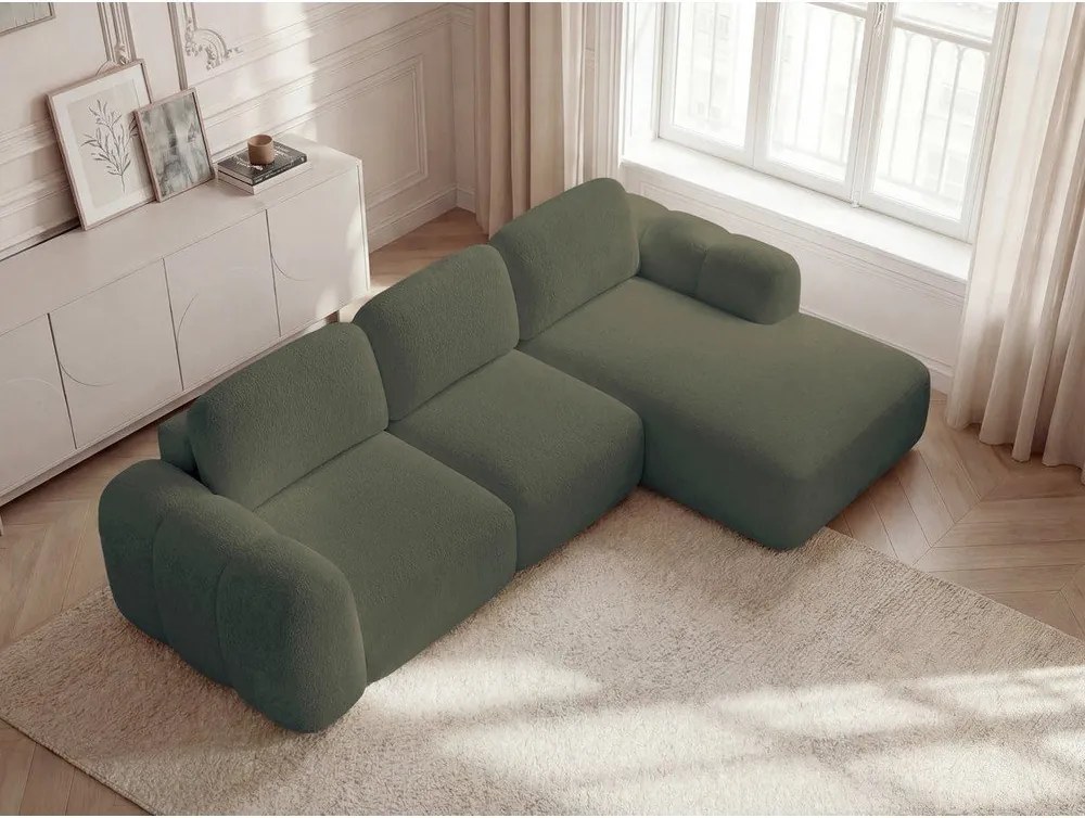 Зелен сгъваем/с място за съхранение ъглов диван от прежда с примки от букле (десен ъгъл) Montaigne – Bobochic Paris