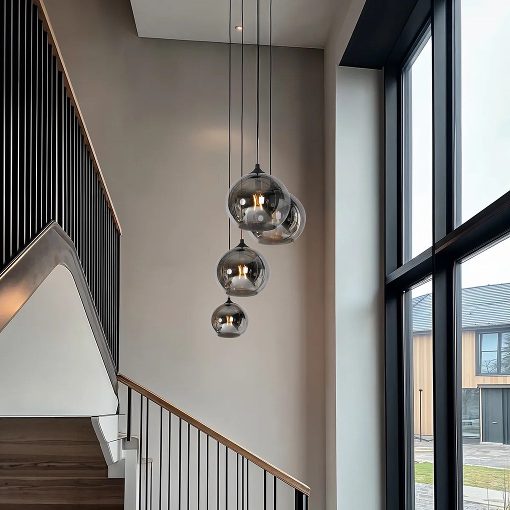 Висяща лампа в стил арт деко черна с опушено стъкло 4-светлина - Wallace