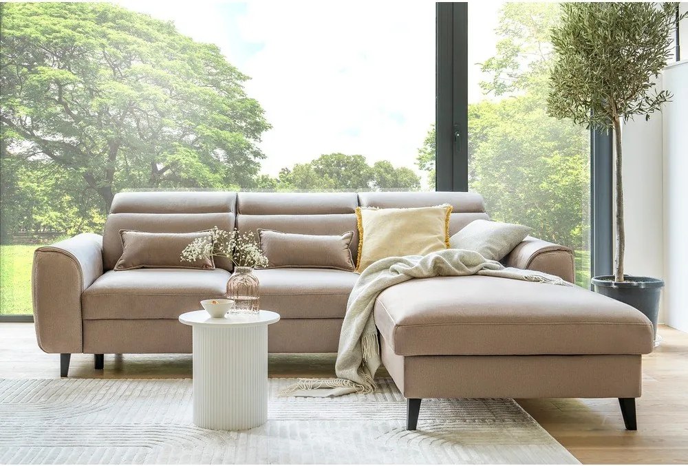 Светлокафяв кадифен разтегателен ъглов диван с място за съхранение (десен ъгъл) Foble – ELTAP