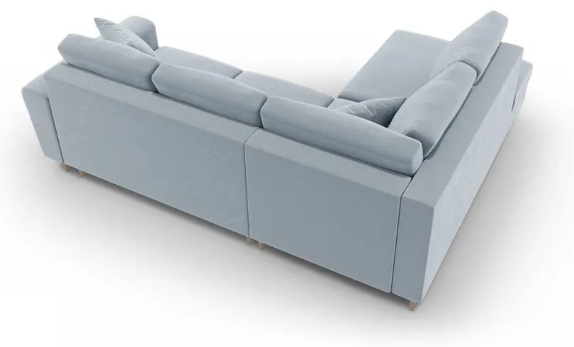 Светлосин кадифен разтегателен ъглов диван с място за съхранение (ляв ъгъл/L форма) Kyoto – Cosmopolitan Design