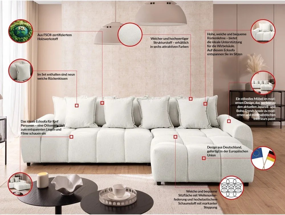 Бял ъглов диван (десен ъгъл) Albane – Ropez