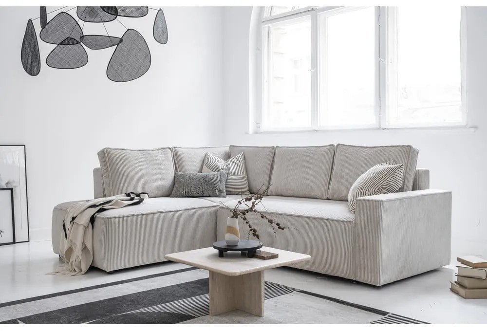 Бял разтегателен ъглов диван от рипсено кадифе (ляв ъгъл) Brave Dave – Miuform