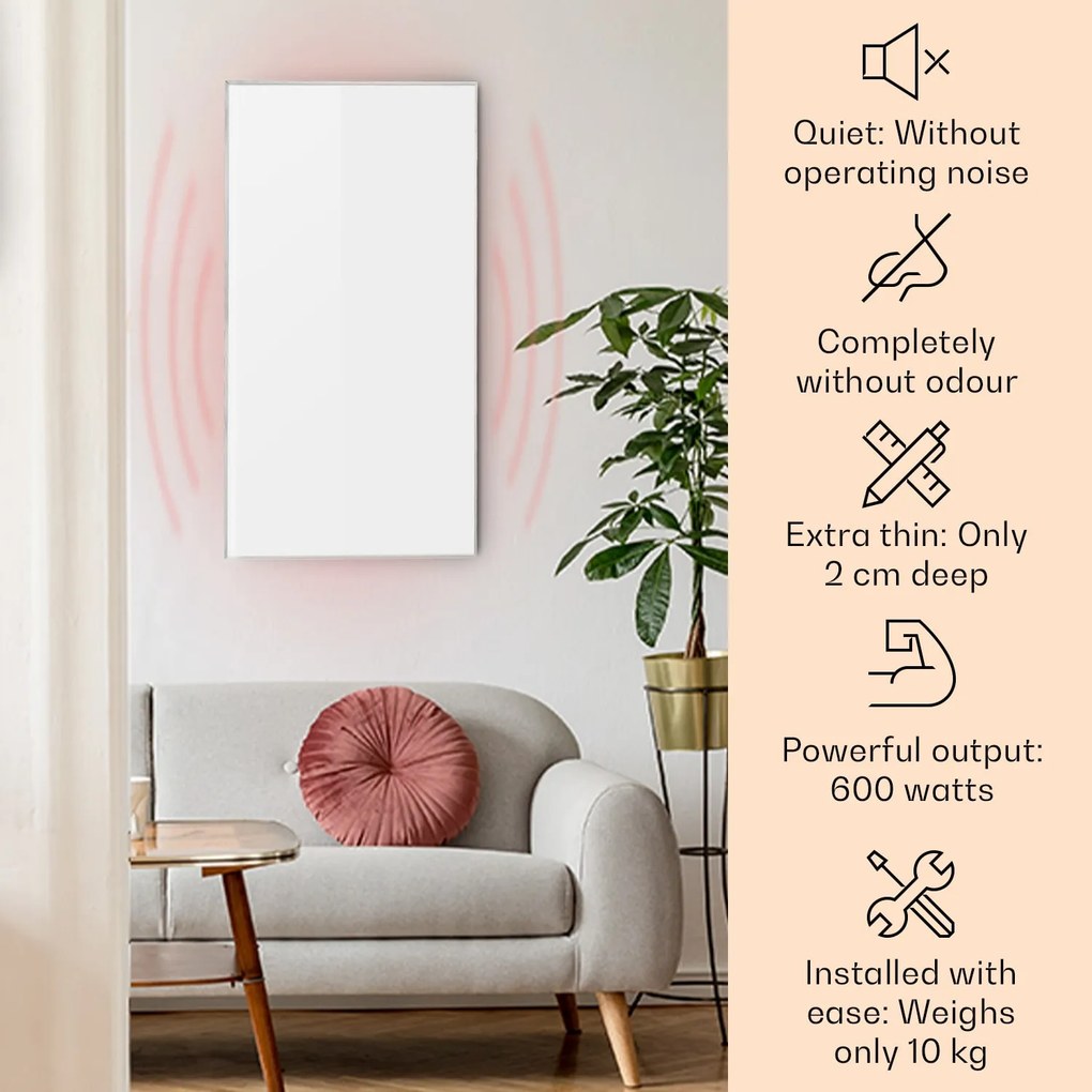 Klarstein Wonderwall Air 60, инфрачервен нагревател, 101 х 60 см, 600 W, монтиран на стена, дистанционно управление, бял