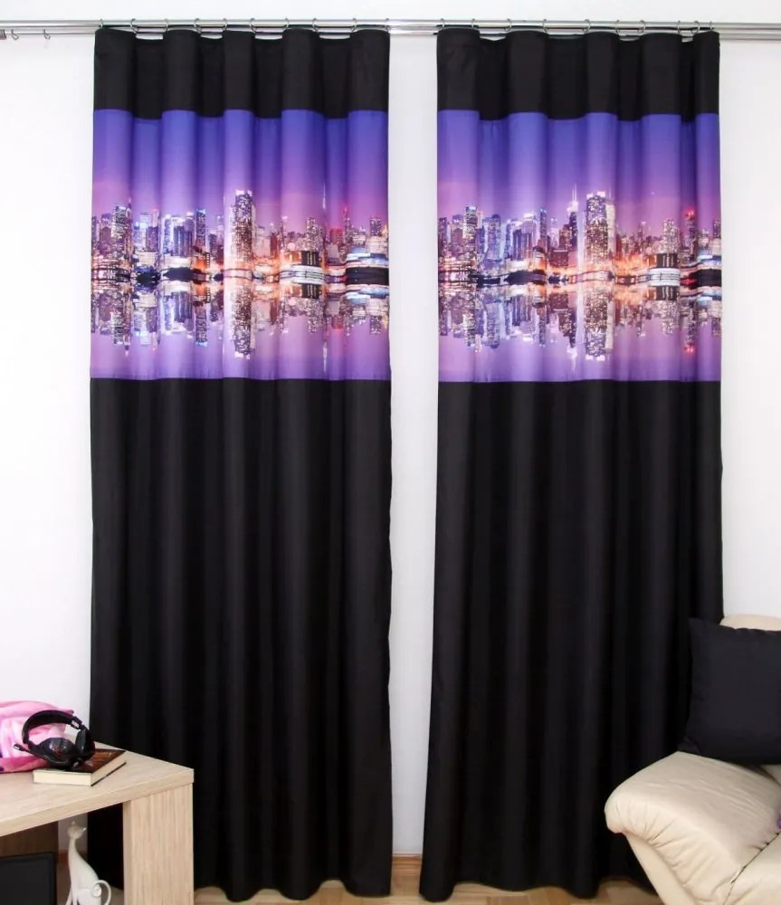 Завеса за всекидневна в черно с мотив на вечерен град Ширина: 160 см | Дължина: 250 см (в комплекта има 2 броя)
