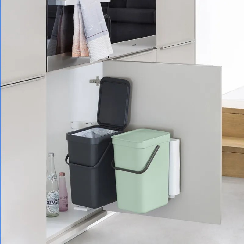 Кош за разделно събиране на боклук Brabantia Sort&Go 1005513, 2x12 л, Монтаж върху врата на кухненски шкаф, Сив/зелен