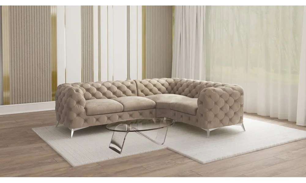 Сиво-бежов кадифен ъглов диван (десен ъгъл/L форма) Chelsea – Ropez