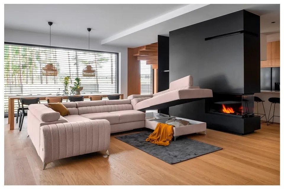 Розов сгъваем/с място за съхранение ъглов диван (десен ъгъл/U форма) Louis – ELTAP