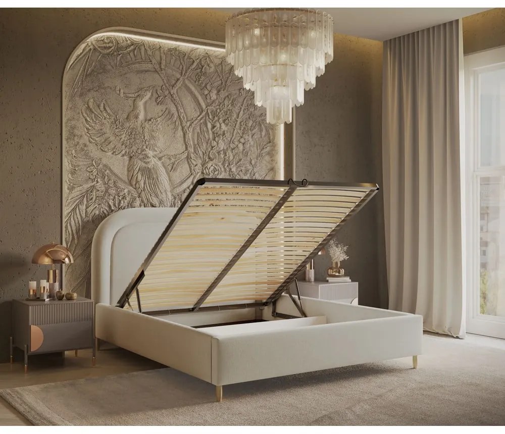 Кремаво тапицирано двойно легло с място за съхранение с включена подматрачна рамка 140x200 cm Mija – Maison de Rêve