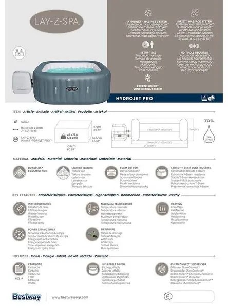 Джакузи надуваемо 180х180х71см, Hawaii Hydrojet Pro