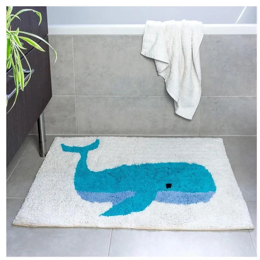 Бяло-синя постелка за баня 83x52,5 cm Whale - Rex London