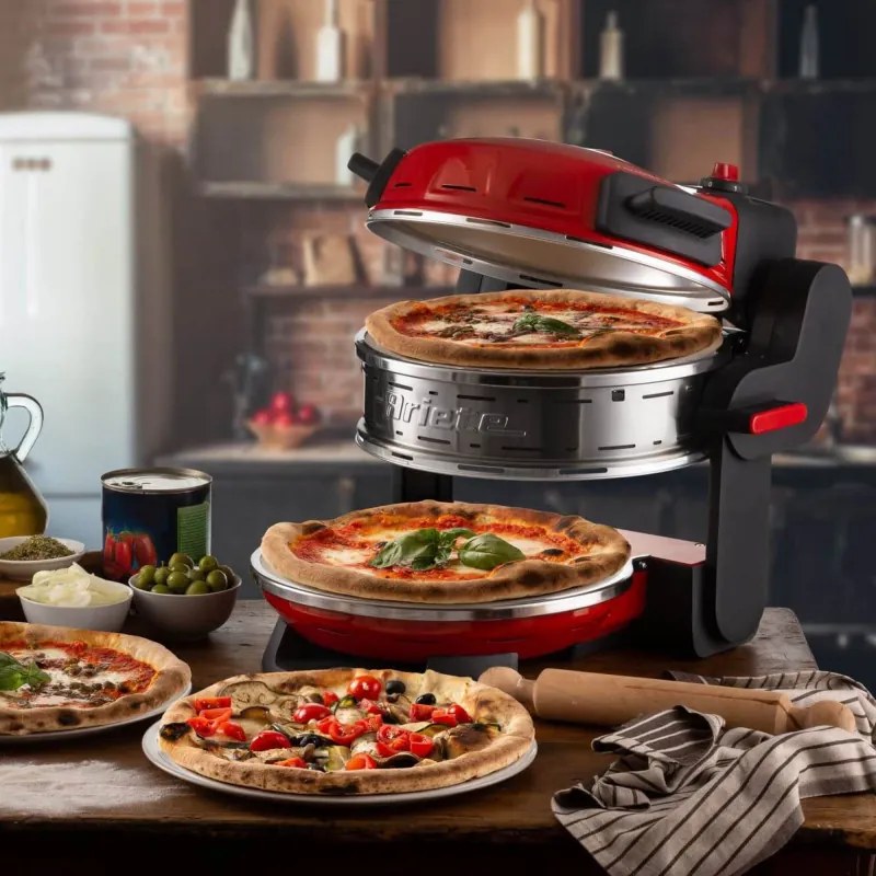Двойна фурна за пица Ariete PIZZERIA 0927/00, 2300W, 32 см, 2 термостата до 400C, 5 нива, 2 каменни плочи, Незалепващо покритие, Червен
